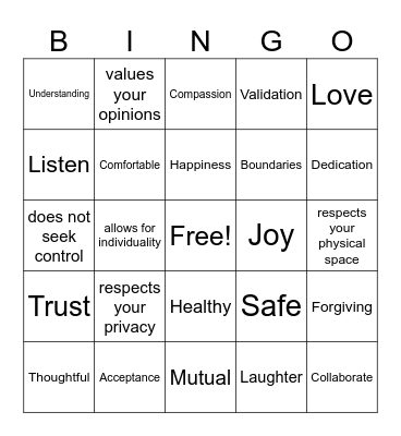 Healthy Relationship BINGO CSH Bingo Card
