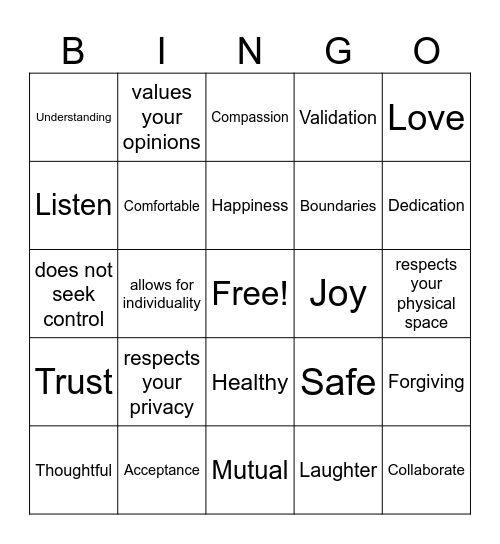 Healthy Relationship Bingo Csh Bingo Card