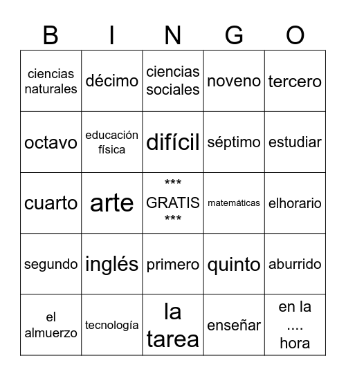 C2A - Tu día en la escuela Bingo Card
