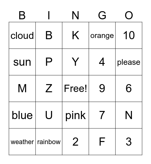Weather/Colors Bingo Card