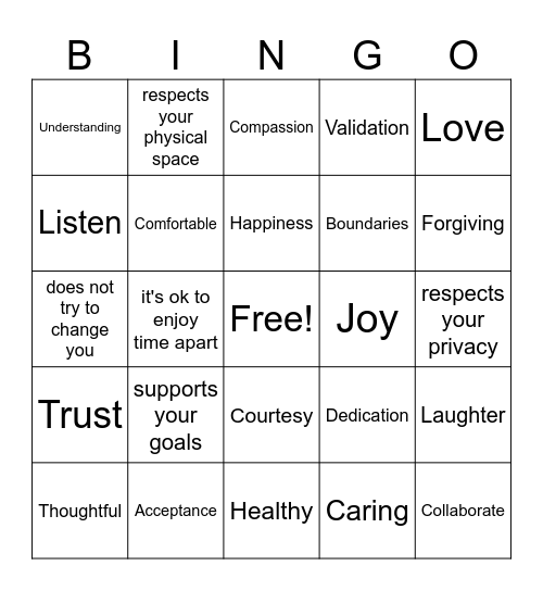 Healthy Relationship BINGO CSH Bingo Card