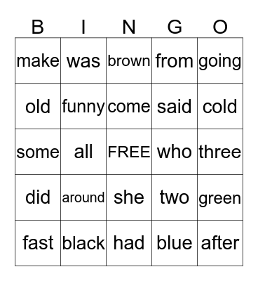 Sight Word Bingo Card