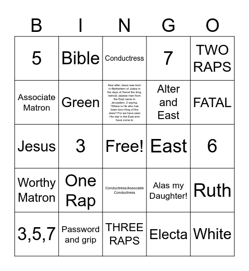 RVC 105 Bingo Card