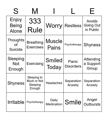 Anxiety Bingo Card