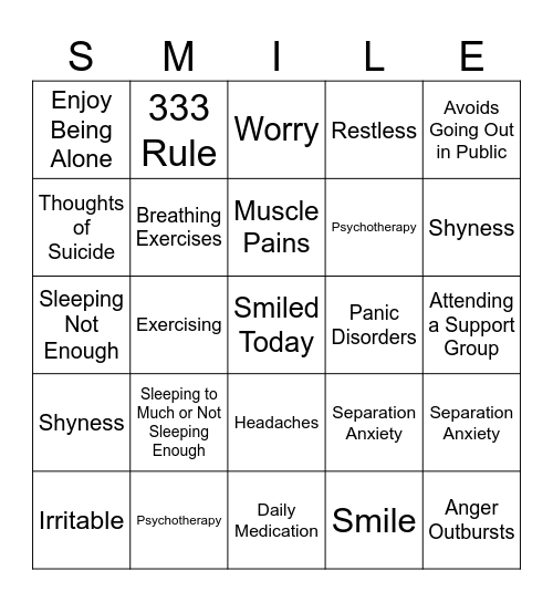 Anxiety Bingo Card