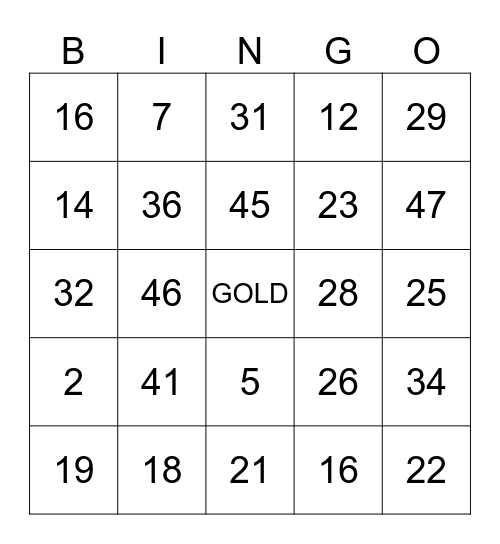 Gold Bingo Card