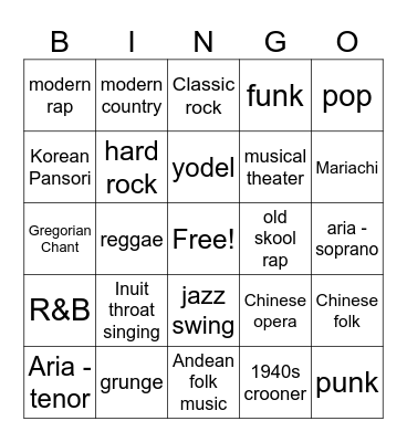 Singing Styles BINGO Card