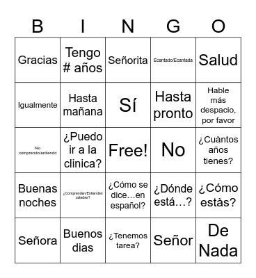Spanish Bingo Card