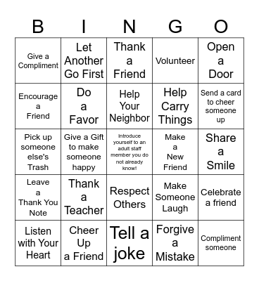 Random Acts of Kindness Bingo Card