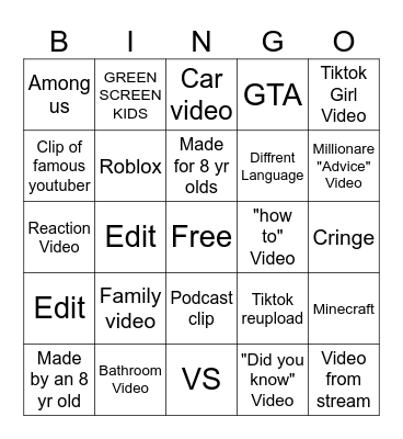 YT Shorts Bingo Card