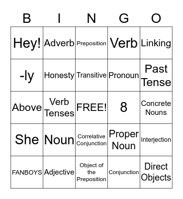 Parts of Speech Bingo Card