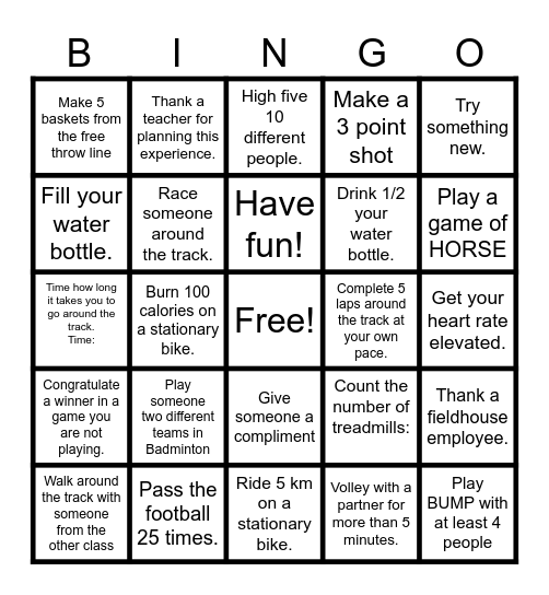 Fieldhouse Bingo Card