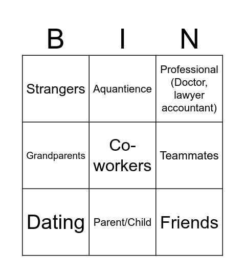 Relationships Bingo Card