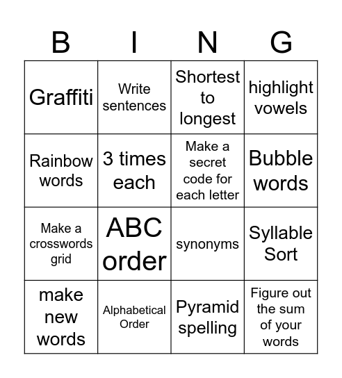 Spelling Choices Bingo Card