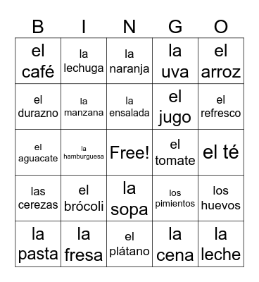Food Bingo Vocab Key Bingo Card