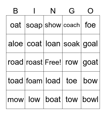 oa, ow, oe Bingo Card
