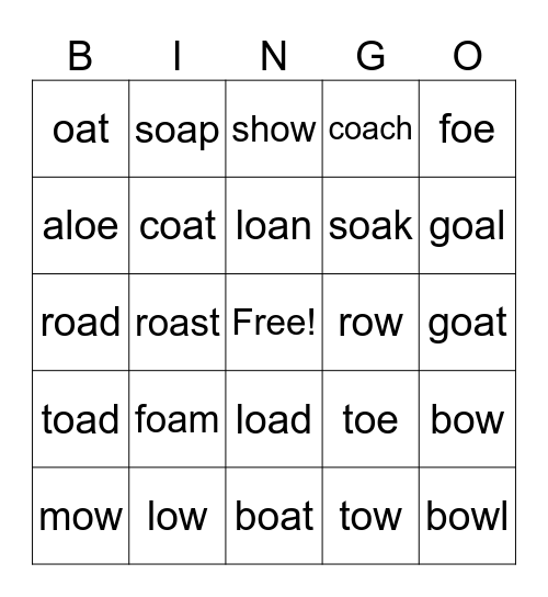 oa, ow, oe Bingo Card