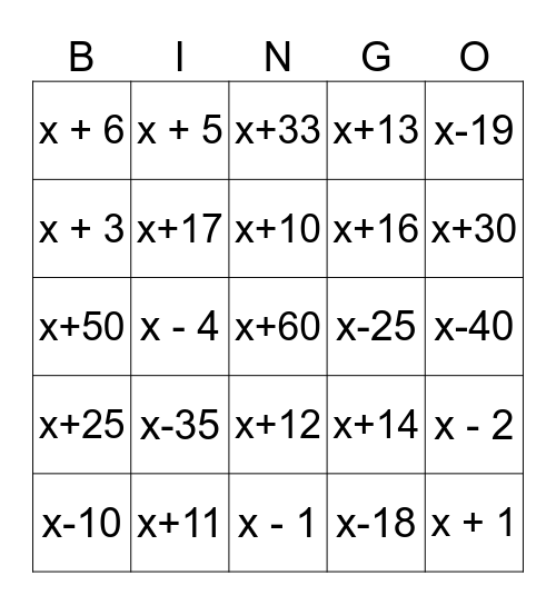 Polynomial Factoring Bingo Card