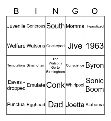 The Watsons Go to Birmingham  Bingo Card