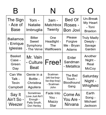 Songs from the 90's Bingo Card