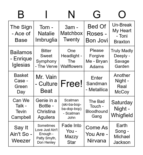 Songs from the 90's Bingo Card