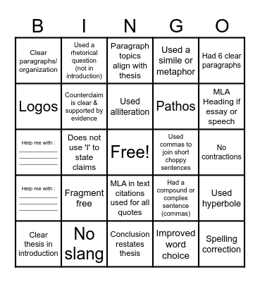 Argumentative Essay Revise/Edit Bingo Card