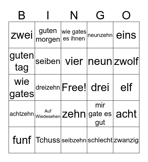German Greetings and Numbers Bingo Card