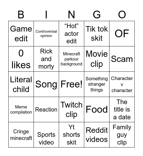 YouTube shorts Bingo Card