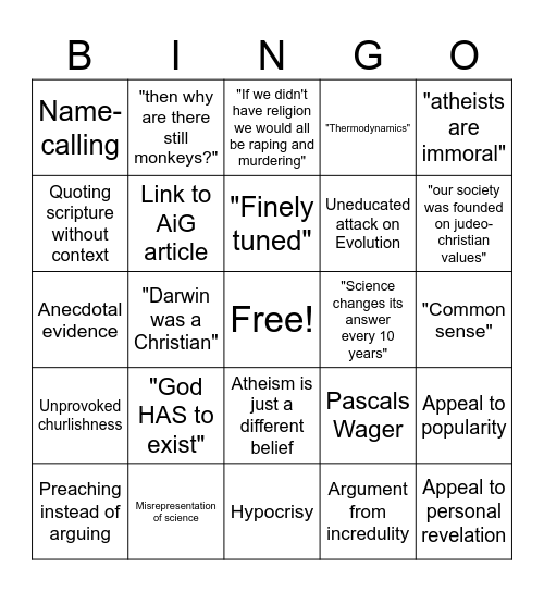 Shitty Theist Bingo Card
