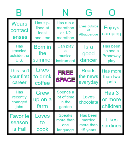 Get to Know You Bingo Card