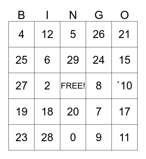 Numbers 1 - 30 Bingo Card