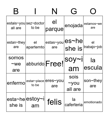 PLACES AND FEELINGS 2  Bingo Card