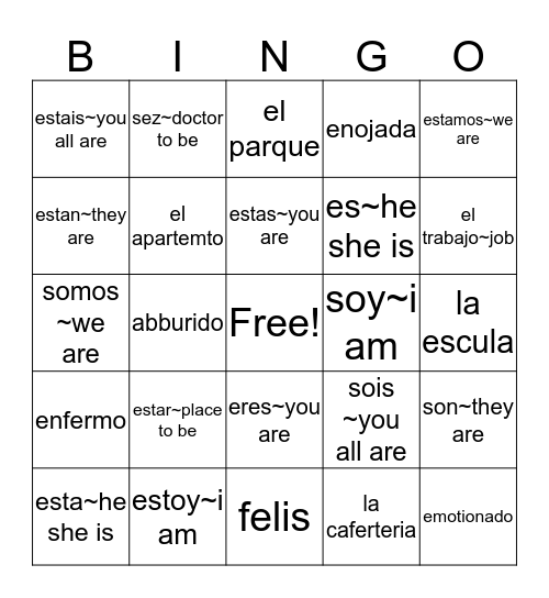 PLACES AND FEELINGS 2  Bingo Card