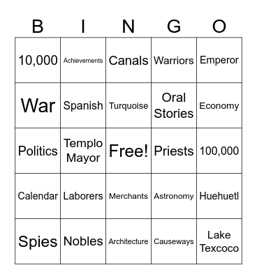 Aztecs Bingo Card