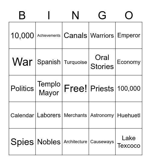 Aztecs Bingo Card