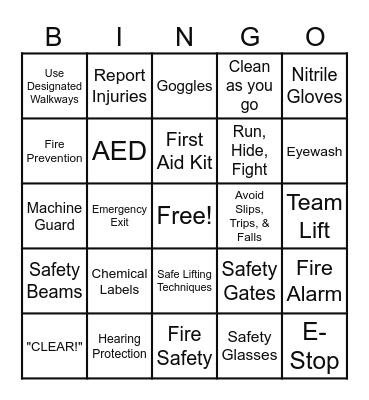 Team Edition Safety Bingo Card