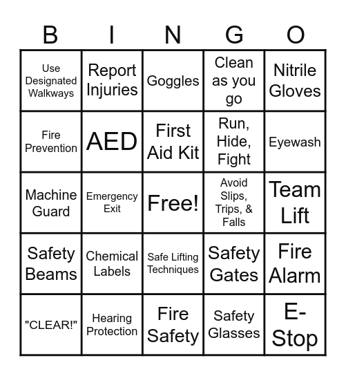 Team Edition Safety Bingo Card