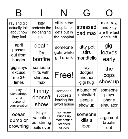 gworls beach episode Bingo Card