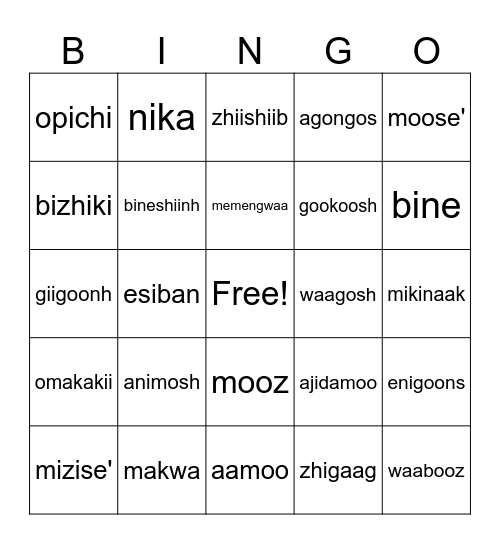 Ojibwa Animals Bingo Card