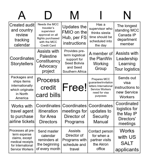International Program - Admin Assistants  Bingo Card
