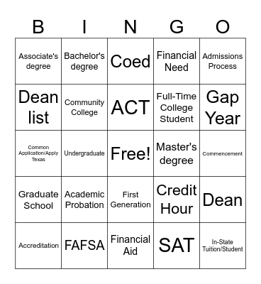 College Vocabulary Bingo Card