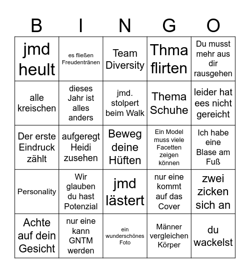 GNTM Bingo Card