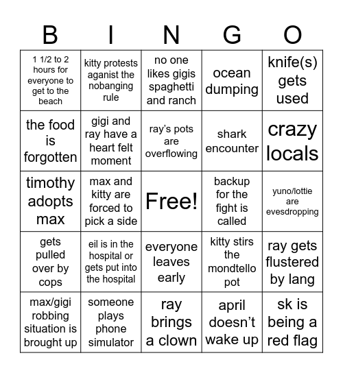 Gworls Beach Day Bingo Card