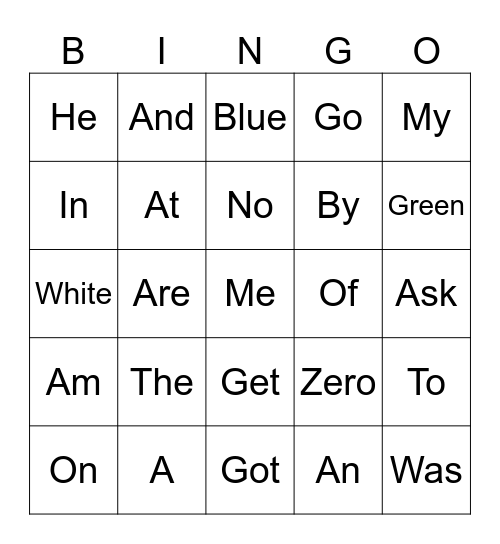Memory Words Bingo Card