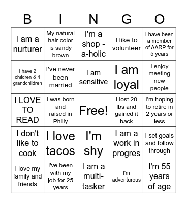 GET TO KNOW ME Bingo Card