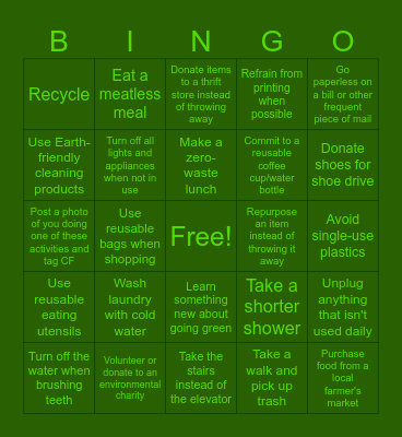 Earth Week Bingo Card