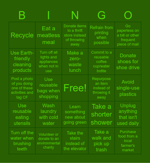 Earth Week Bingo Card