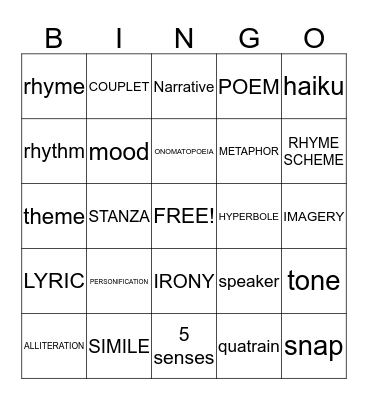 Poetry Bingo Card