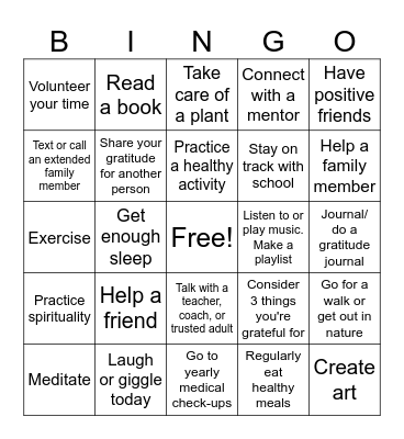 Sources of Strength Bingo Card