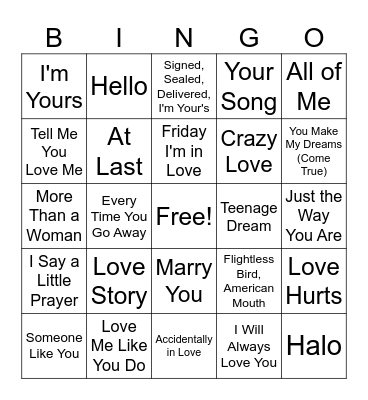 Love Song Jukebox Bingo #1 Bingo Card